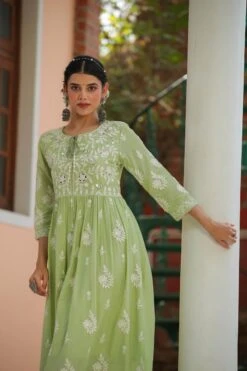 Green Mul Cotton Chikankari Embroidery Empire Ethnic Dress -ZAZU Clothing Shop 1615green5