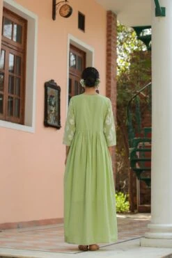 Green Mul Cotton Chikankari Embroidery Empire Ethnic Dress -ZAZU Clothing Shop 1615green6