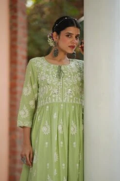 Green Mul Cotton Chikankari Embroidery Empire Ethnic Dress -ZAZU Clothing Shop 1615greenb