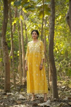Mustard Mul Cotton Chikankari Embroidery Empire Ethnic Dress