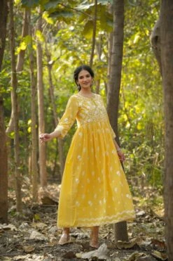 Mustard Mul Cotton Chikankari Embroidery Empire Ethnic Dress -ZAZU Clothing Shop 1615mustard3