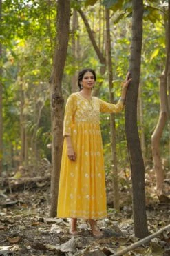 Mustard Mul Cotton Chikankari Embroidery Empire Ethnic Dress -ZAZU Clothing Shop 1615mustard4