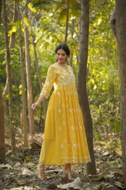 Mustard Mul Cotton Chikankari Embroidery Empire Ethnic Dress -ZAZU Clothing Shop 1615mustard5