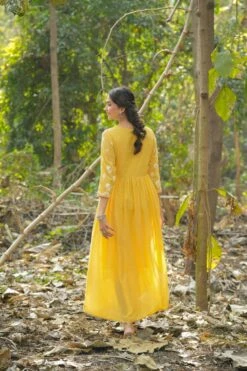 Mustard Mul Cotton Chikankari Embroidery Empire Ethnic Dress -ZAZU Clothing Shop 1615mustard6