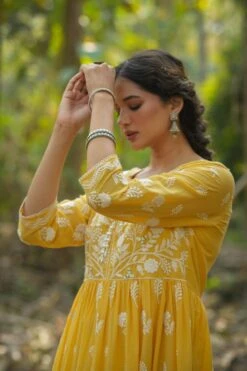 Mustard Mul Cotton Chikankari Embroidery Empire Ethnic Dress -ZAZU Clothing Shop 1615mustardb