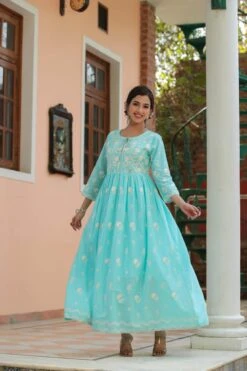 Skyblue Mul Cotton Chikankari Embroidery Empire Ethnic Dress