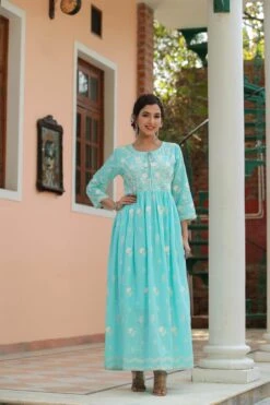 Skyblue Mul Cotton Chikankari Embroidery Empire Ethnic Dress -ZAZU Clothing Shop 1615skyblue3