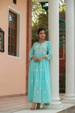 Skyblue Mul Cotton Chikankari Embroidery Empire Ethnic Dress -ZAZU Clothing Shop 1615skyblue4