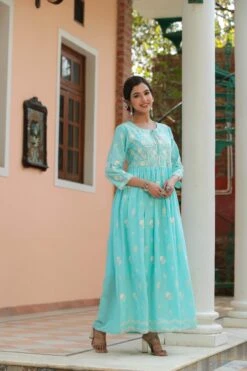 Skyblue Mul Cotton Chikankari Embroidery Empire Ethnic Dress -ZAZU Clothing Shop 1615skyblue5