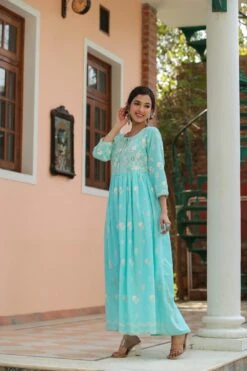Skyblue Mul Cotton Chikankari Embroidery Empire Ethnic Dress -ZAZU Clothing Shop 1615skyblue6