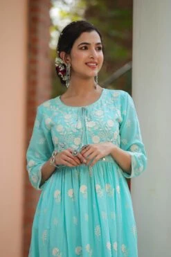 Skyblue Mul Cotton Chikankari Embroidery Empire Ethnic Dress -ZAZU Clothing Shop 1615skyblueb