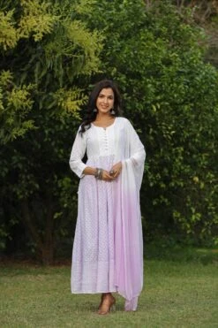 Lavender Cotton Chikankari Ombre Anarkali Ethnic Dress With Tie And Dye Chiffon Dupatta