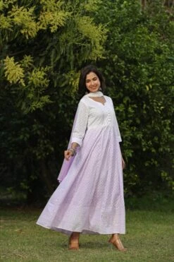 Lavender Cotton Chikankari Ombre Anarkali Ethnic Dress With Tie And Dye Chiffon Dupatta -ZAZU Clothing Shop 1627lavender3