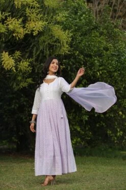 Lavender Cotton Chikankari Ombre Anarkali Ethnic Dress With Tie And Dye Chiffon Dupatta -ZAZU Clothing Shop 1627lavender4