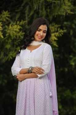 Lavender Cotton Chikankari Ombre Anarkali Ethnic Dress With Tie And Dye Chiffon Dupatta -ZAZU Clothing Shop 1627lavender5