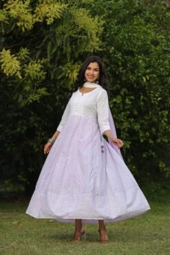 Lavender Cotton Chikankari Ombre Anarkali Ethnic Dress With Tie And Dye Chiffon Dupatta -ZAZU Clothing Shop 1627lavender7