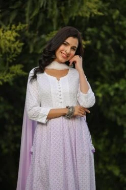 Lavender Cotton Chikankari Ombre Anarkali Ethnic Dress With Tie And Dye Chiffon Dupatta -ZAZU Clothing Shop 1627lavender8
