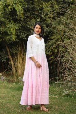 Pink Cotton Chikankari Ombre Anarkali Ethnic Dress With Tie And Dye Chiffon Dupatta