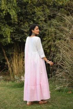 Pink Cotton Chikankari Ombre Anarkali Ethnic Dress With Tie And Dye Chiffon Dupatta -ZAZU Clothing Shop 1627pink4