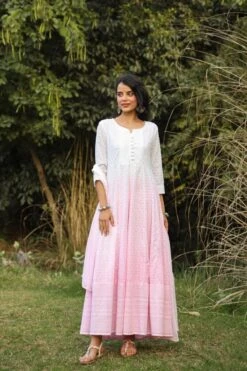 Pink Cotton Chikankari Ombre Anarkali Ethnic Dress With Tie And Dye Chiffon Dupatta -ZAZU Clothing Shop 1627pink5