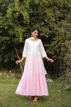 Pink Cotton Chikankari Ombre Anarkali Ethnic Dress With Tie And Dye Chiffon Dupatta -ZAZU Clothing Shop 1627pink6