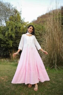 Pink Cotton Chikankari Ombre Anarkali Ethnic Dress With Tie And Dye Chiffon Dupatta -ZAZU Clothing Shop 1627pink7