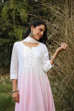 Pink Cotton Chikankari Ombre Anarkali Ethnic Dress With Tie And Dye Chiffon Dupatta -ZAZU Clothing Shop 1627pink8