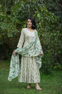 Green Mul Cotton Printed Tiered Ethnic Dress With Mul Cotton Dupatta