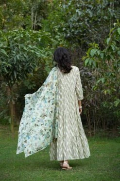 Green Mul Cotton Printed Tiered Ethnic Dress With Mul Cotton Dupatta -ZAZU Clothing Shop 1628green3