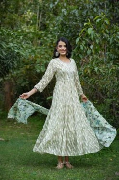 Green Mul Cotton Printed Tiered Ethnic Dress With Mul Cotton Dupatta -ZAZU Clothing Shop 1628green4