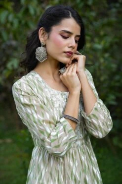 Green Mul Cotton Printed Tiered Ethnic Dress With Mul Cotton Dupatta -ZAZU Clothing Shop 1628green6