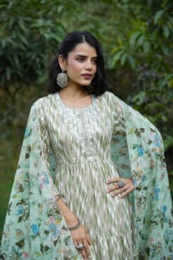 Green Mul Cotton Printed Tiered Ethnic Dress With Mul Cotton Dupatta -ZAZU Clothing Shop 1628greenb