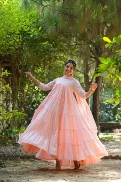 Peach Mul Cotton Printed Tiered Ethnic Dress With Chiffon Dupatta 13 Peach Mul Cotton Printed Tiered Ethnic Dress With Chiffon Dupatta -ZAZU Clothing Shop 1680peach3