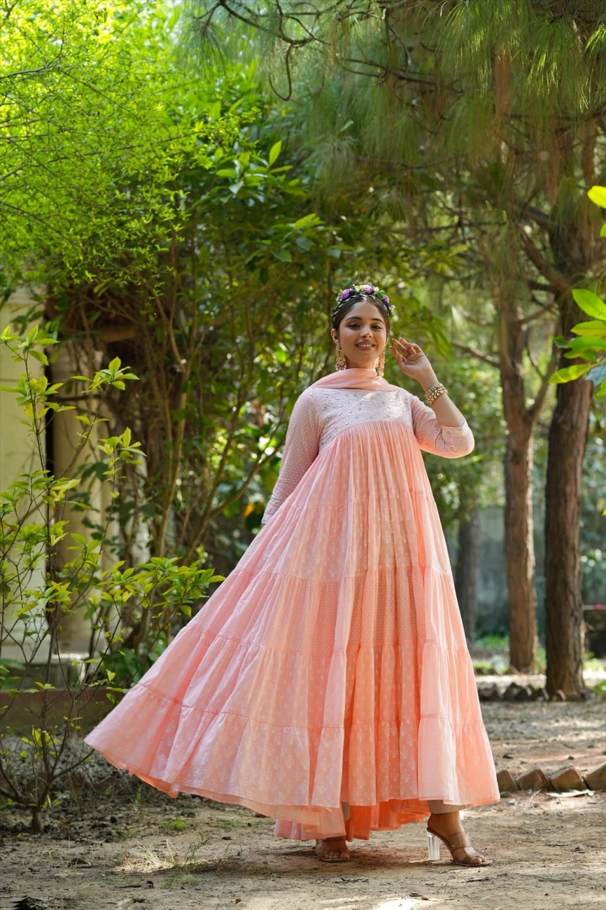 Peach Mul Cotton Printed Tiered Ethnic Dress With Chiffon Dupatta 8 Peach Mul Cotton Printed Tiered Ethnic Dress With Chiffon Dupatta - Image 6