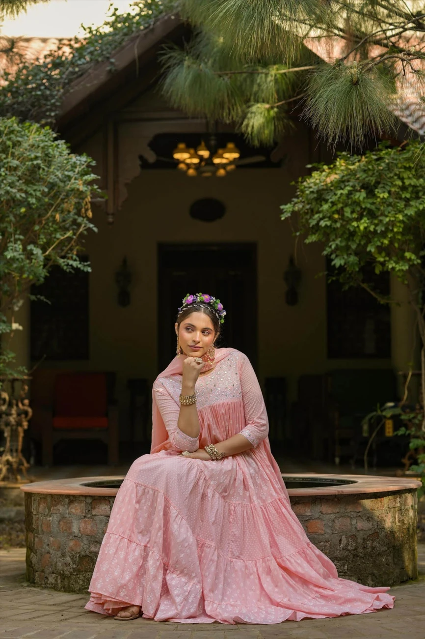 Peach Mul Cotton Printed Tiered Ethnic Dress With Chiffon Dupatta 10 Peach Mul Cotton Printed Tiered Ethnic Dress With Chiffon Dupatta - Image 8