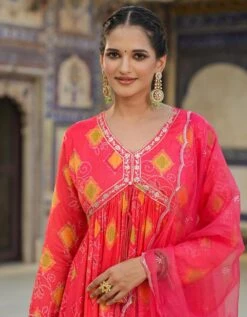 Orange Muslin Silk Bandhani Print Gathered Ethnic Dress With Organza Dupatta 5 Orange Muslin Silk Bandhani Print Gathered Ethnic Dress With Organza Dupatta -ZAZU Clothing Shop 1742orangeb