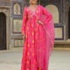 Pink Muslin Silk Bandhani Print Gathered Ethnic Dress With Organza Dupatta -ZAZU Clothing Shop 1742pink1