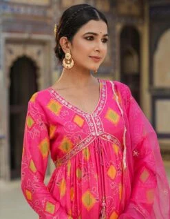 Pink Muslin Silk Bandhani Print Gathered Ethnic Dress With Organza Dupatta -ZAZU Clothing Shop 1742pinkb