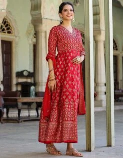 Maroon Korwaki Silk Foil Print Anarkali Ethnic Dress With Dupatta -ZAZU Clothing Shop 1757maroon3 1