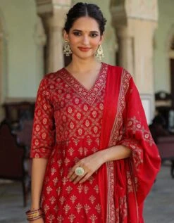 Maroon Korwaki Silk Foil Print Anarkali Ethnic Dress With Dupatta -ZAZU Clothing Shop 1757maroonb 1