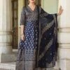 Navy Korwaki Silk Foil Print Anarkali Ethnic Dress With Dupatta -ZAZU Clothing Shop 1757navy1 1