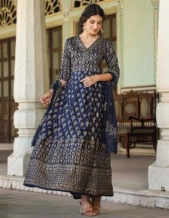 Navy Korwaki Silk Foil Print Anarkali Ethnic Dress With Dupatta -ZAZU Clothing Shop 1757navy3 1