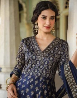 Navy Korwaki Silk Foil Print Anarkali Ethnic Dress With Dupatta -ZAZU Clothing Shop 1757navy4 1