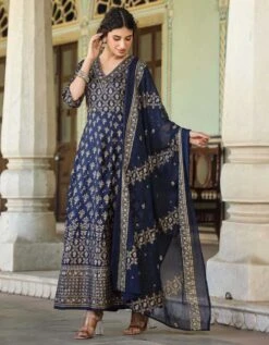Navy Korwaki Silk Foil Print Anarkali Ethnic Dress With Dupatta -ZAZU Clothing Shop 1757navy5 1
