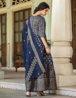 Navy Korwaki Silk Foil Print Anarkali Ethnic Dress With Dupatta -ZAZU Clothing Shop 1757navy6 1