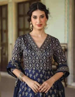 Navy Korwaki Silk Foil Print Anarkali Ethnic Dress With Dupatta -ZAZU Clothing Shop 1757navyb 1