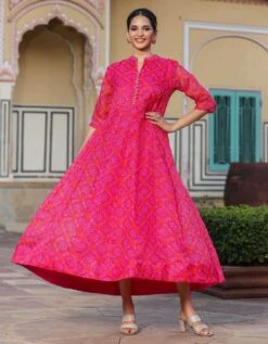 Pink Kota Doria Bandhani Print Anarkali Ethnic Dress -ZAZU Clothing Shop 1758pink2 1
