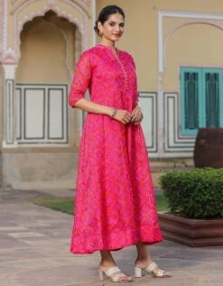 Pink Kota Doria Bandhani Print Anarkali Ethnic Dress -ZAZU Clothing Shop 1758pink3 1