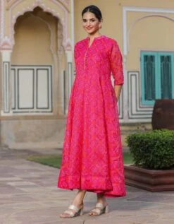 Pink Kota Doria Bandhani Print Anarkali Ethnic Dress -ZAZU Clothing Shop 1758pink6 1
