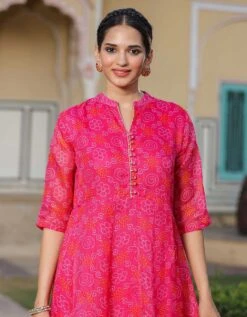 Pink Kota Doria Bandhani Print Anarkali Ethnic Dress -ZAZU Clothing Shop 1758pinkb 1
